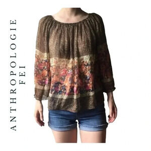 1606. ANTHROPOLOGIE FEI LONG SLEEVE SILK MATERIAL FLORAL BLOUSE SIZE SMALL GREEN